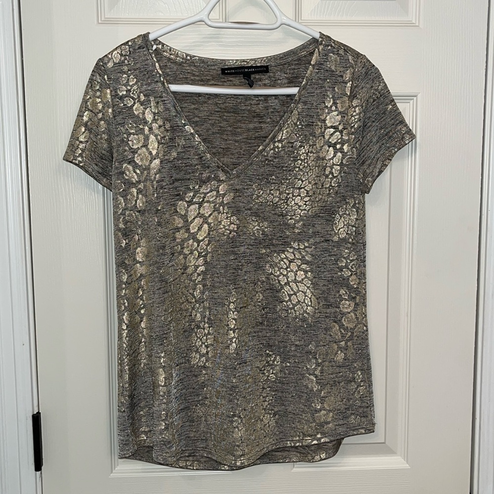 WHBM White House Black Market Women’s Gold Metallic Print T-Shirt Sz Small‎